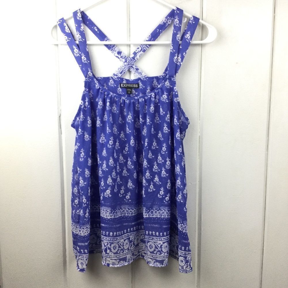 Express Periwinkle Blue Floral Tank, Crisscross Back Straps, Size Medium‎